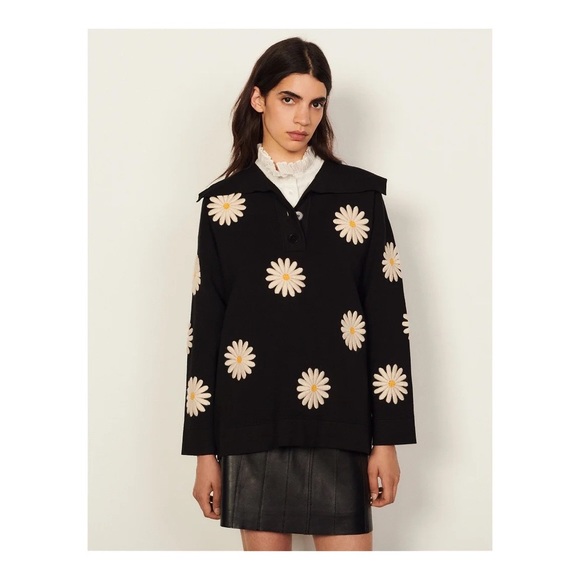 Sandro Sweaters - Sandro Daisy Patch Sweater Black White